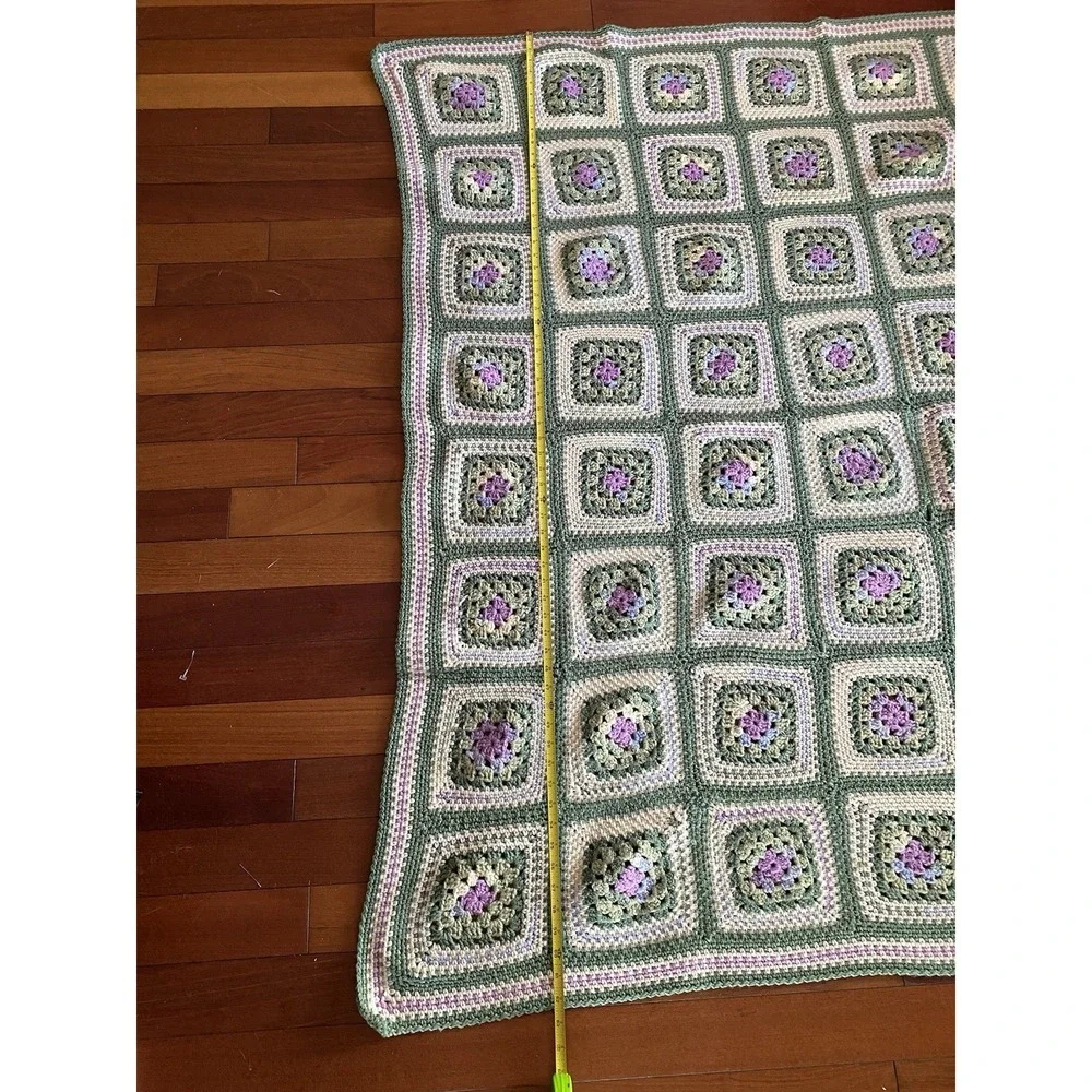 Vintage Handmade Crochet Green Cream Purple Afghan Throw Granny Square Blanket